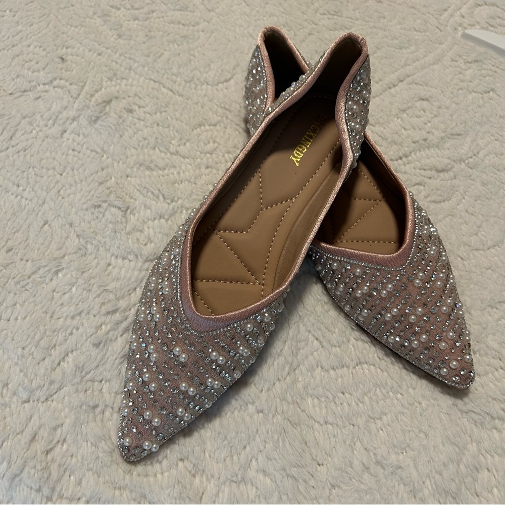 Sparkle Glimmer Pearls Pointed Toe Flats Date Night Wedding Girl Night Glam Chic